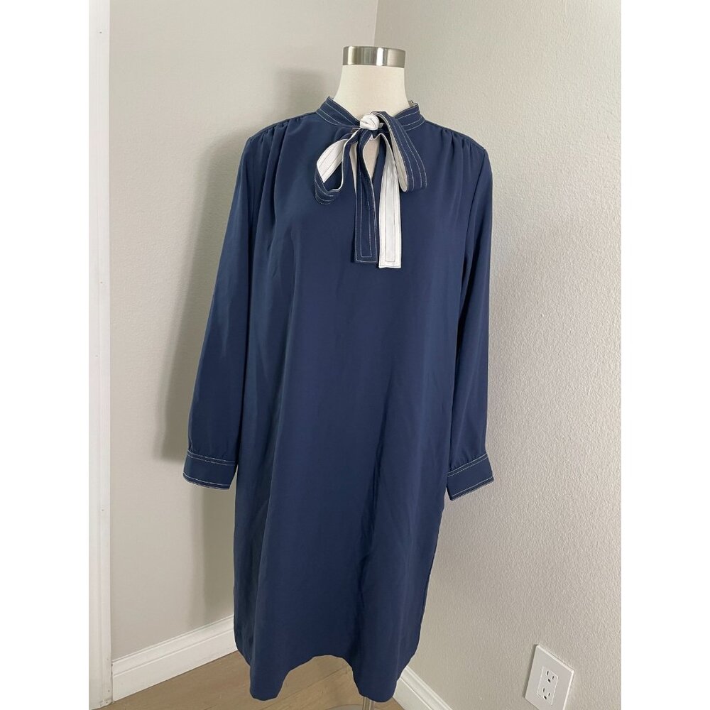 NEW J Crew Womens Plus 16 Navy Shift Dress With Necktie in 365 Crepe Long Sleeve